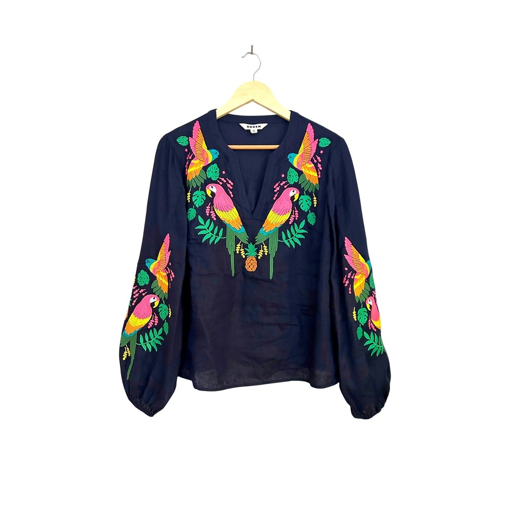 Boden Bonnie Linen Top Navy Blue Parrot Pineapple Embroidered Blouse US 6 - Picture 6 of 12